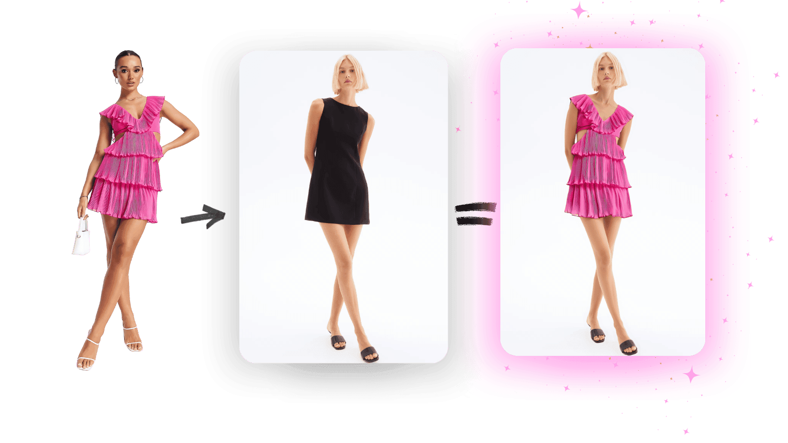 Virtual Try-On - Fashion dress transformation showing model in pink dress